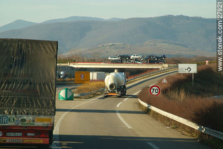 Trucks on route A35 E25. Detour to Bennwihr and Houssen (route D4) - Region of Alsace - FRANCE. Photo #27921